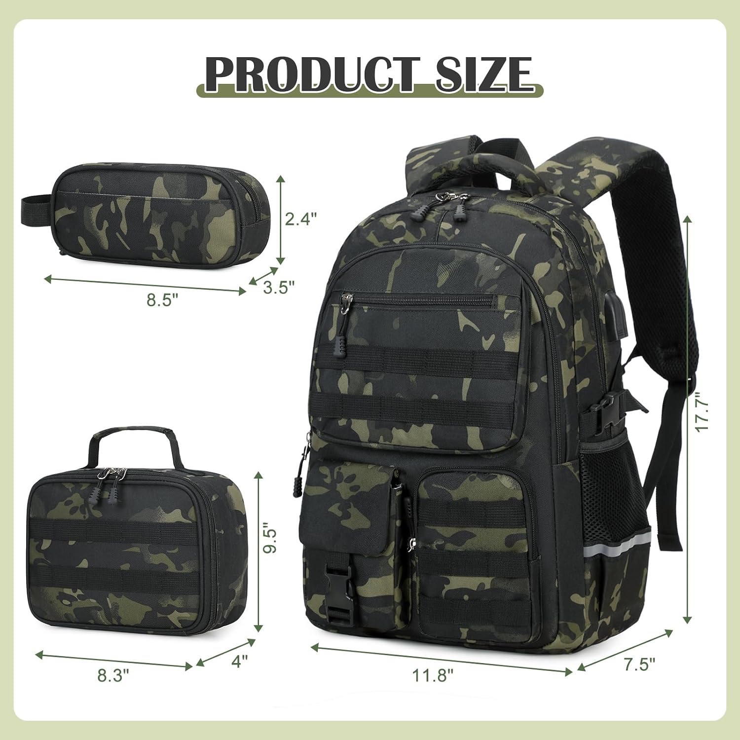 Camo Backpack For Boys With Lunch Box Pencil Case Usb Charging Port | Tactical Boys Backpack For School Kids Military Army Schoolbags For Boy Teens Kids Elementary Middle High, Black Grey Camo