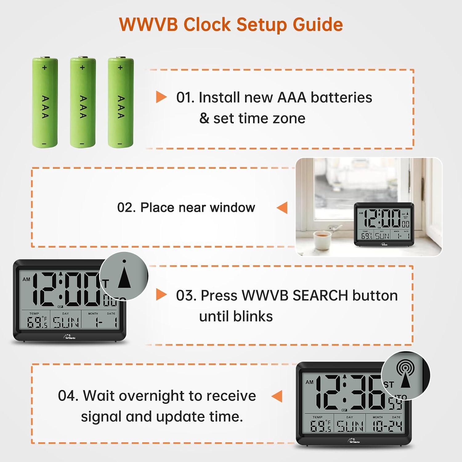 Atomic Digital Wall Clock Battery Operated, Self-Setting, Large Display With Temperature, Date, Day Of The Week, Silent Wall Mount Digital Clock, 4 Time Zones, Dst