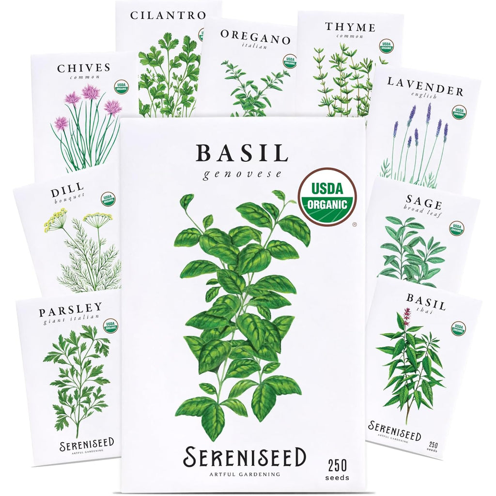 Sereniseed Certified Organic Herb Seeds (10-Pack) – Non Gmo, Heirloom – Seed Starting Video - Basil, Cilantro, Oregano, Thyme, Parsley, Lavender, Chives, Sage, Dill Seeds For Indoor & Outdoor Planting
