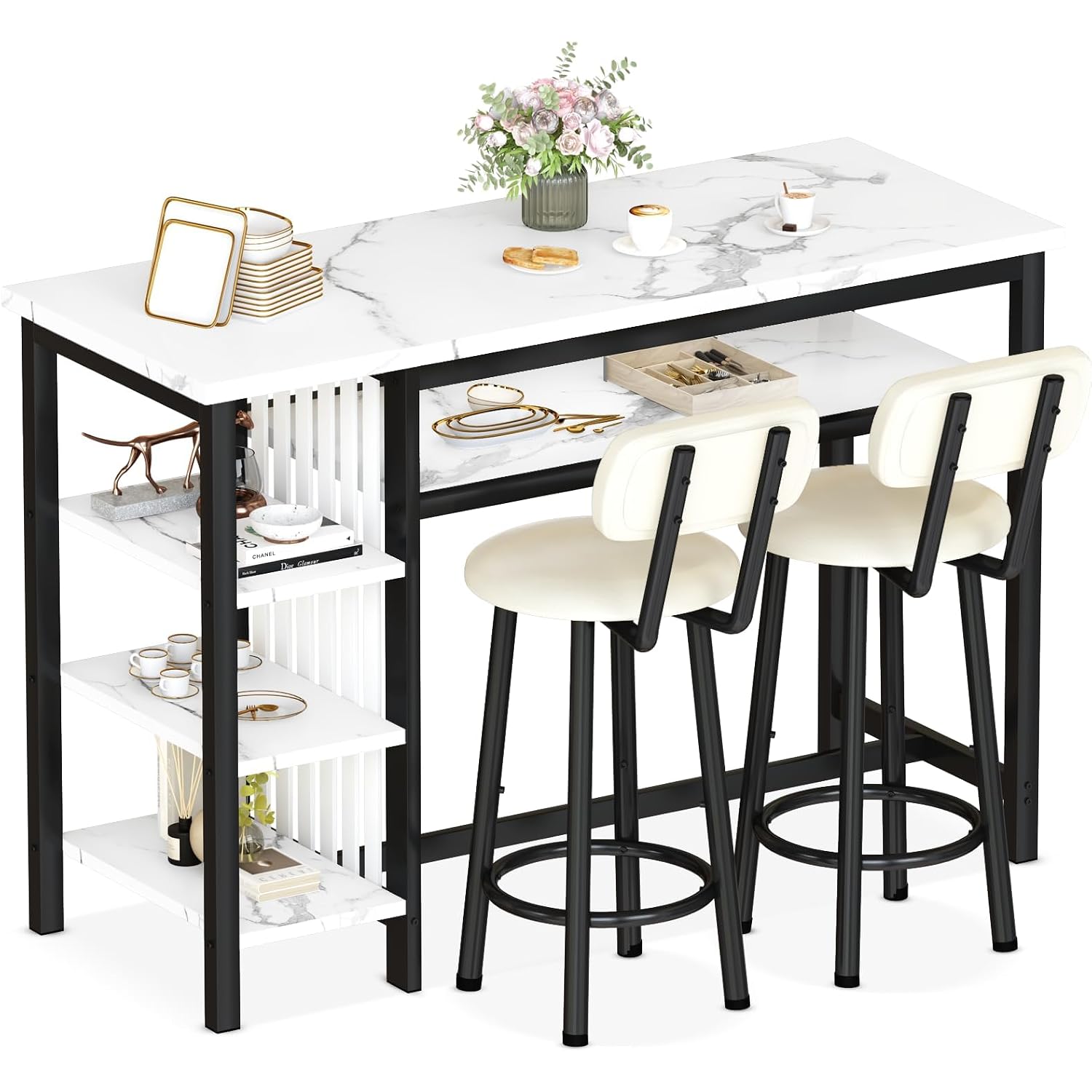Awqm 3-Piece Bar Table And Chairs Set, Modern White Faux Marble Table With 2 Pu Cushion Bar Stools, Kitchen Counter With 3 Tier Storage Shelves, Space Saving Table For Home & Kitchen, Black Frame