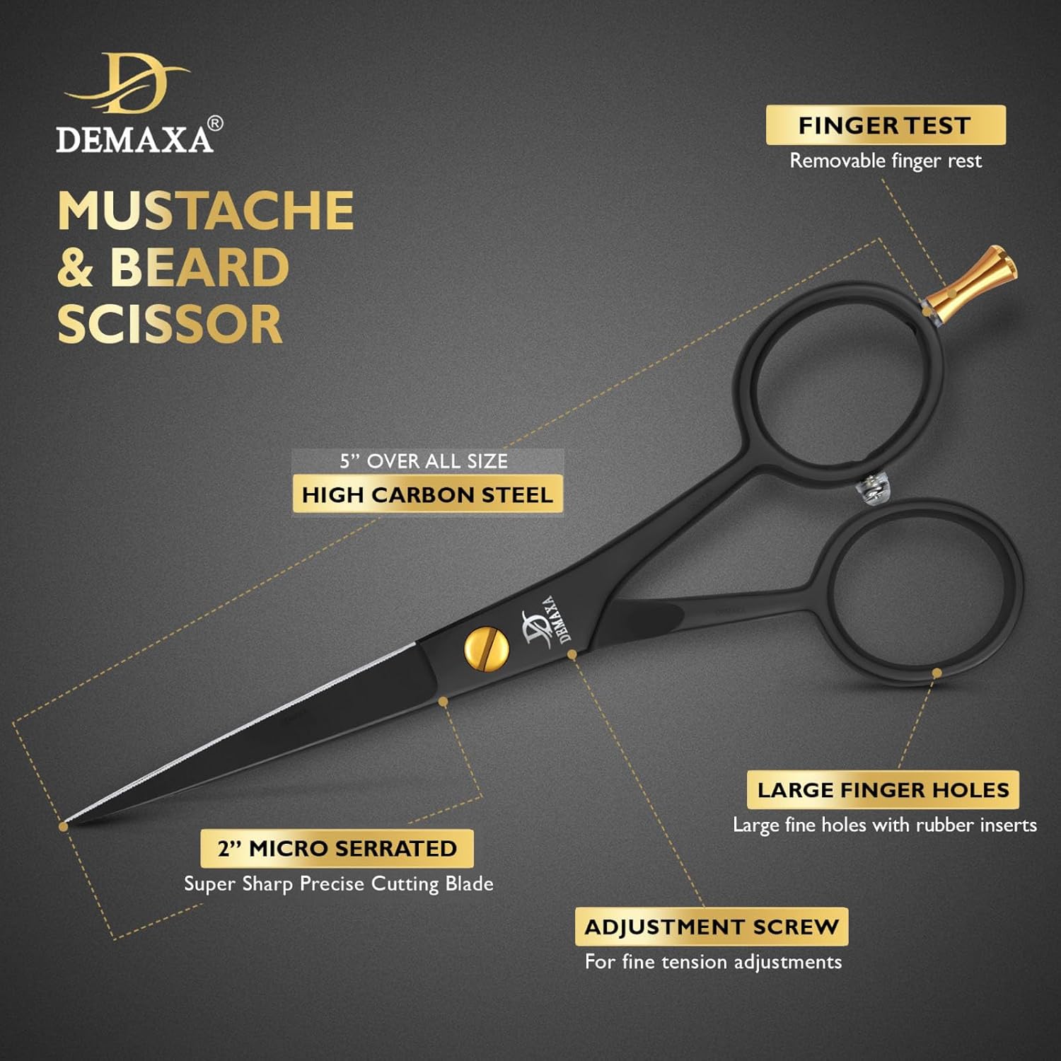 DEMAXA 5" Professional Beard Scissors for men Mustache Scissors with 1 Mustache Comb, 1 Beard Comb & Soft Pouch – Prefect Beard shears mustache kit for All Facial Hair – moustache Grooming kit for Men