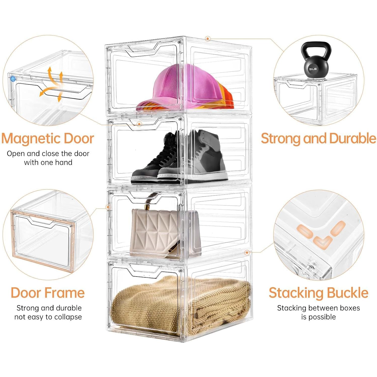 6 Pack Closet Organizers And Storage,Clear Stackable Plastic Storage Bins With Lids Magnetic Doors,Clothes Organizers And Storage,Plastic Craft Containers For Wardrobe Kitchen Bathroom Office