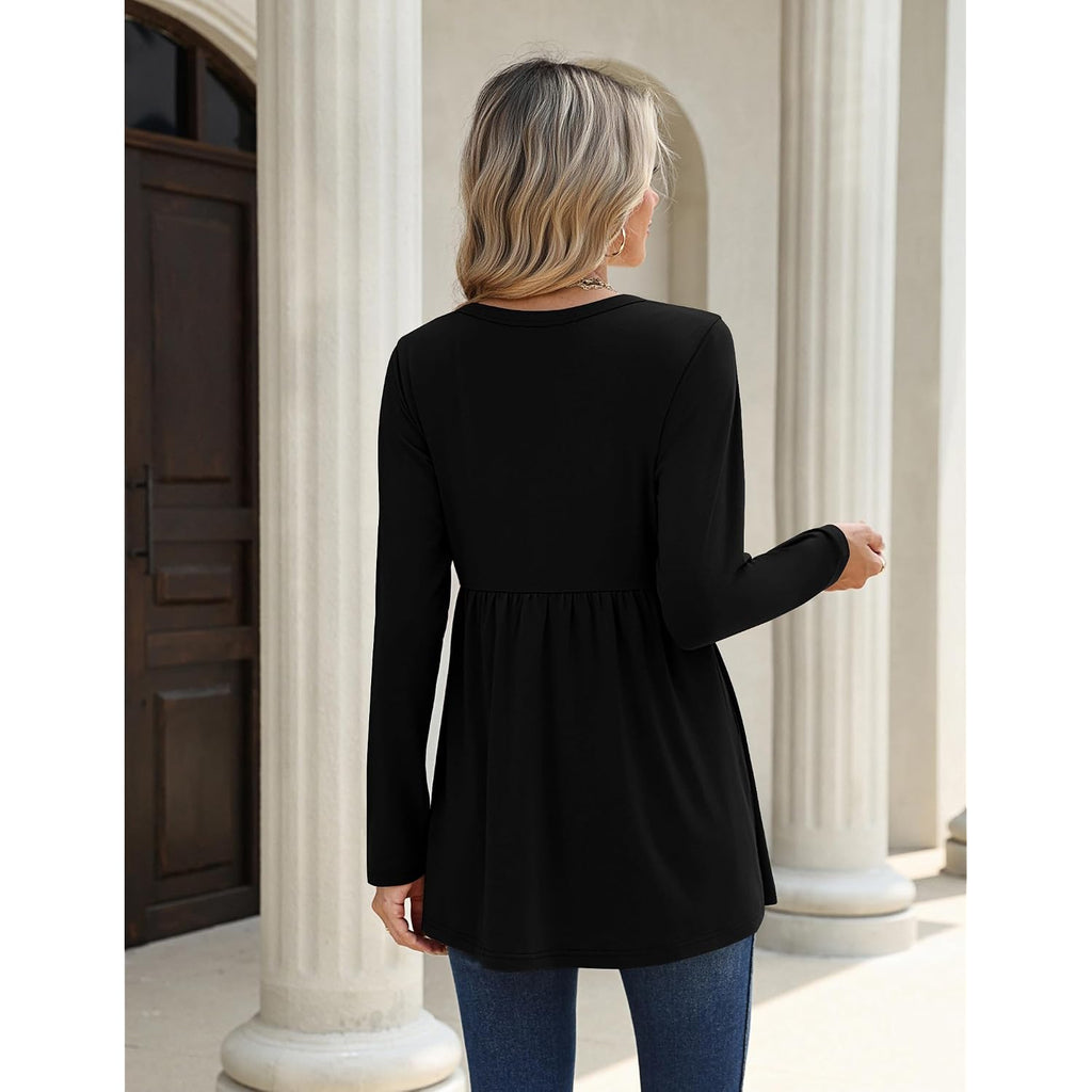 Zeagoo Women Blouses Long Sleeve Shirts Boho Henley V Neck Tops Business Casual Loose Pleated Fashion Clothing
