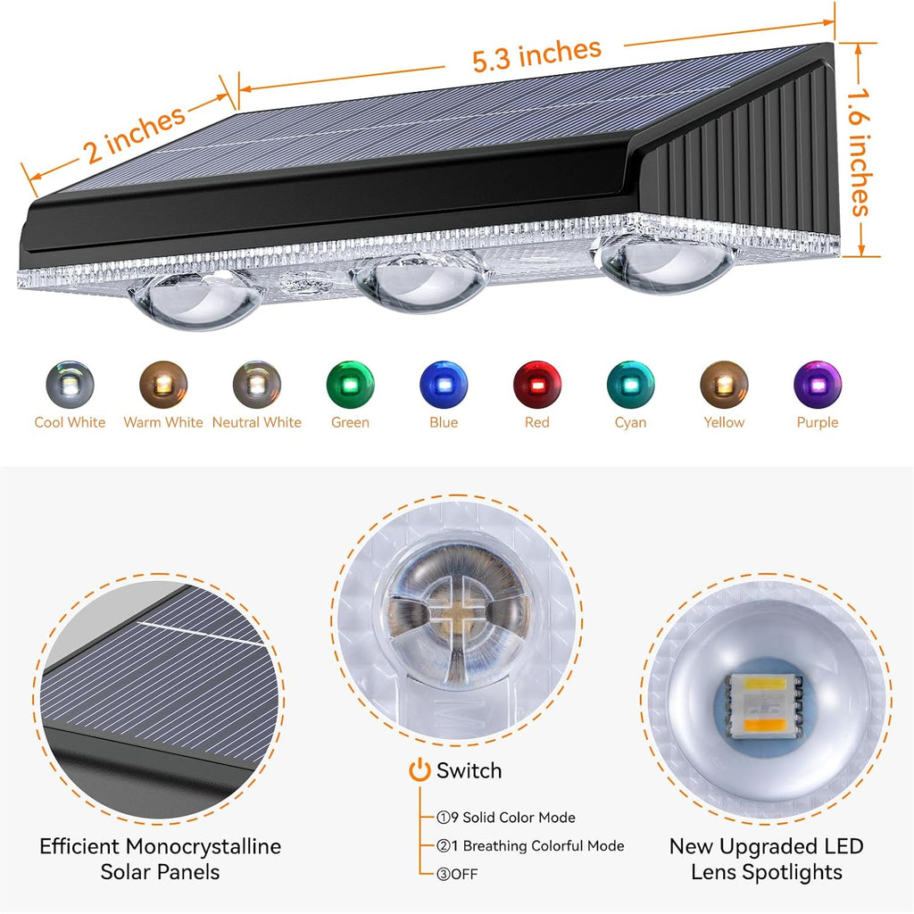 Solar Fence Lights Outdoor 10 Pack, Upgraded Brightness 3X Led Lens Fence Lights Solar Powered, 9 Fixed Colors & Rgb Lights, Ip65 Waterproof Solar Lights For Outside Backyard/Railing/Step/Patio