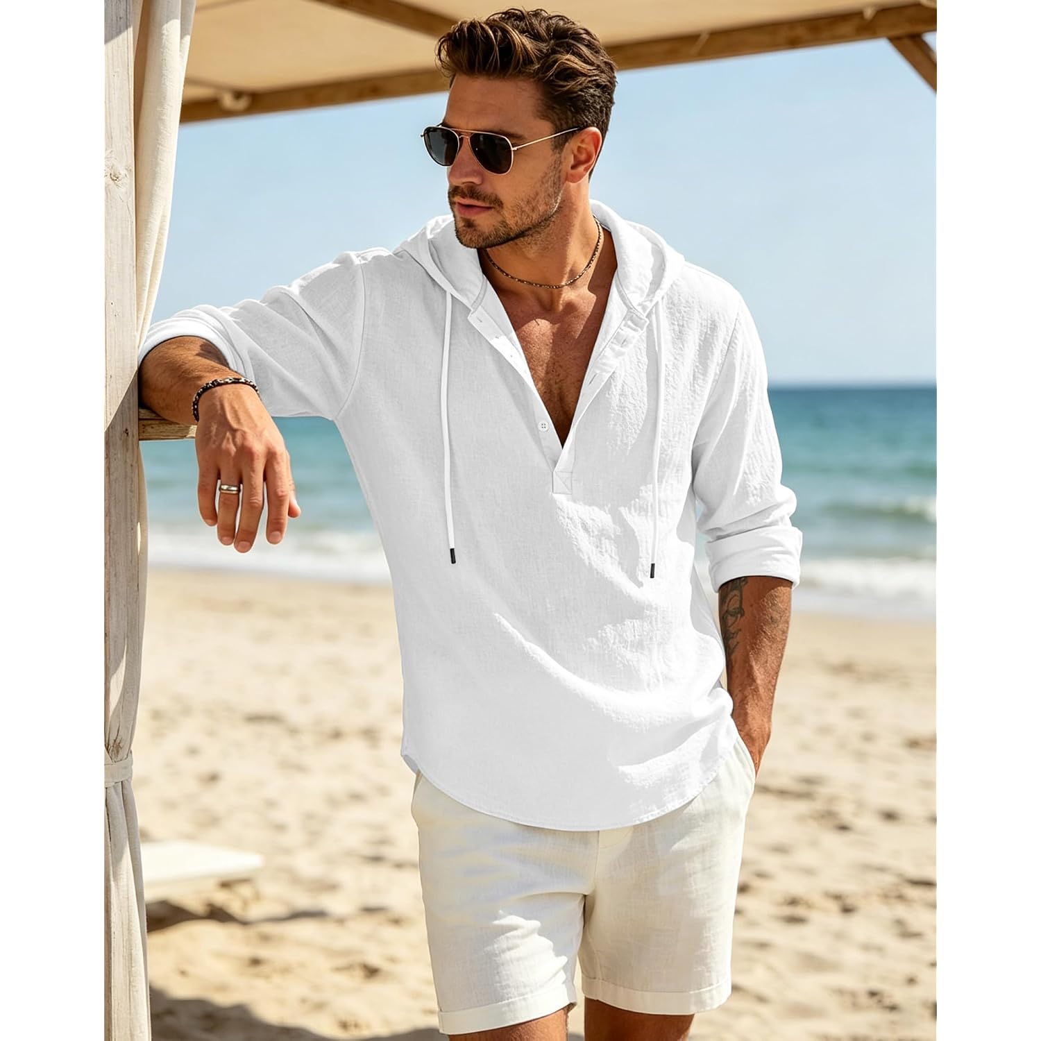 Men'S Cotton Linen Hoodies Casual Hooded Long Sleeve Button Down Shirts Lightweight Casual Hawaiian Beach Sweatshirts