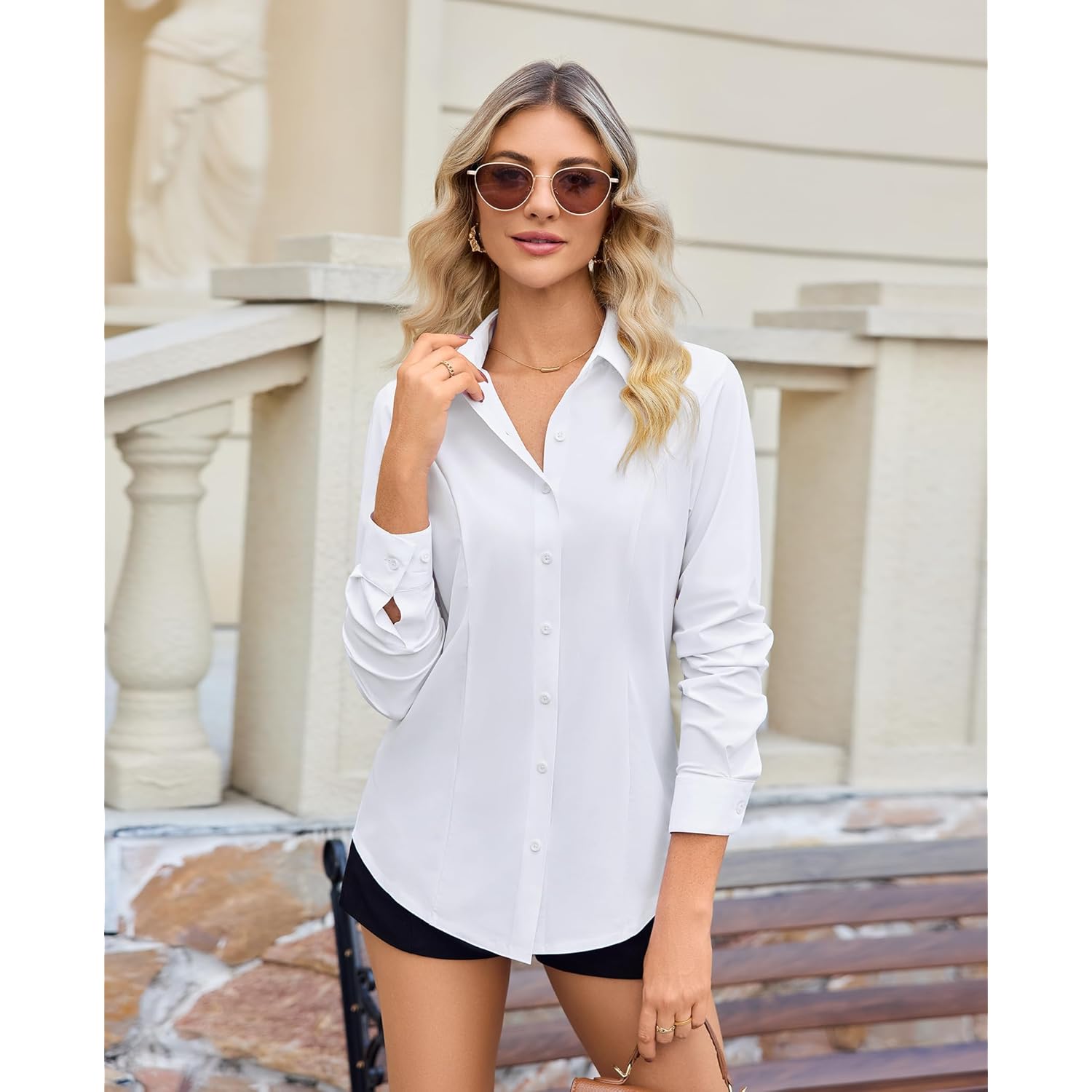 Womens Stretch Button Down Shirts Slim fit Long Sleeve Dress Shirt Wrinkle Free Collared Business Casual Blouse