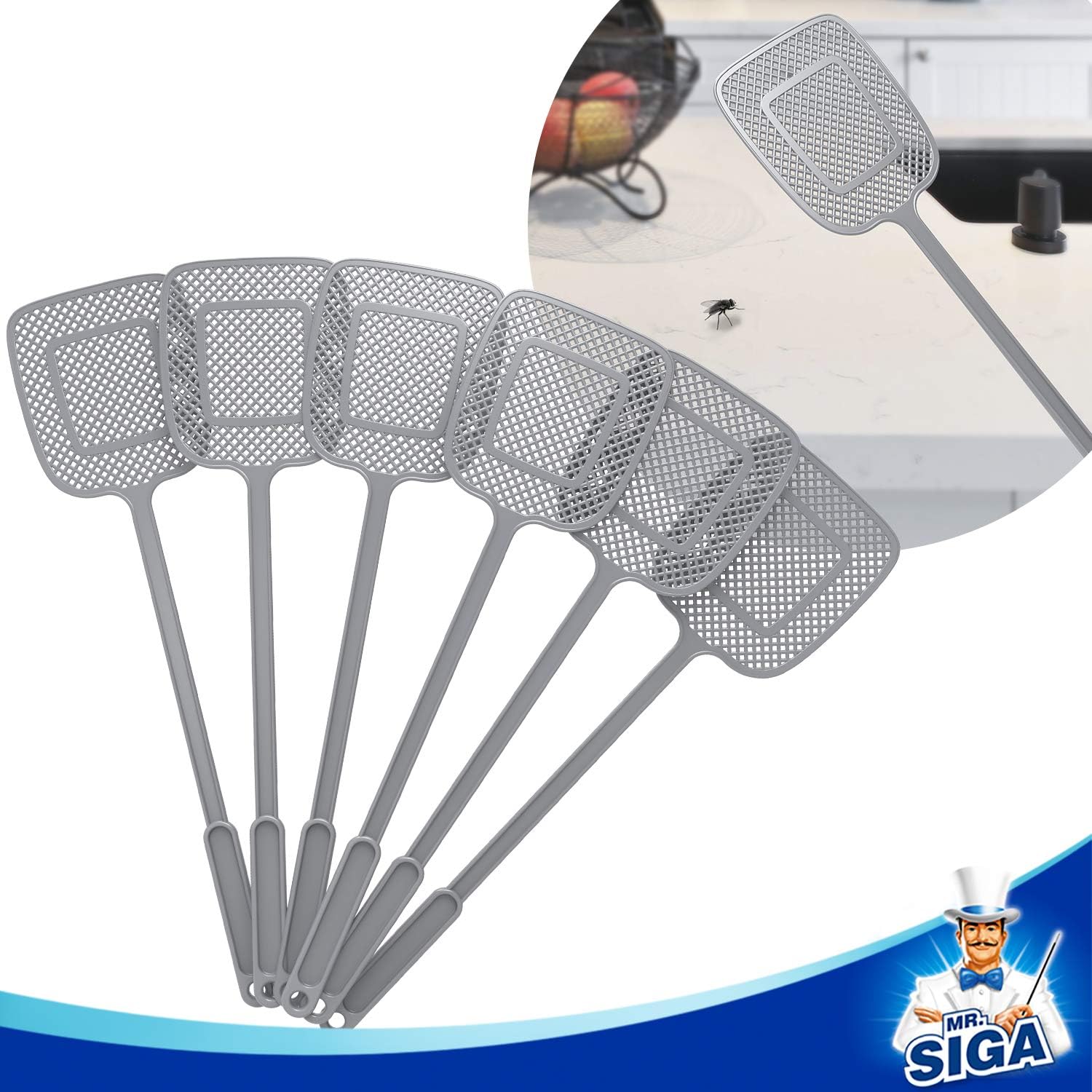 Mr.Siga Heavy Duty Long Handle Fly Swatter, Gray, 6 Pack | Fly Swatter For Indoors, Manual Fly Killer, Bug Swatter