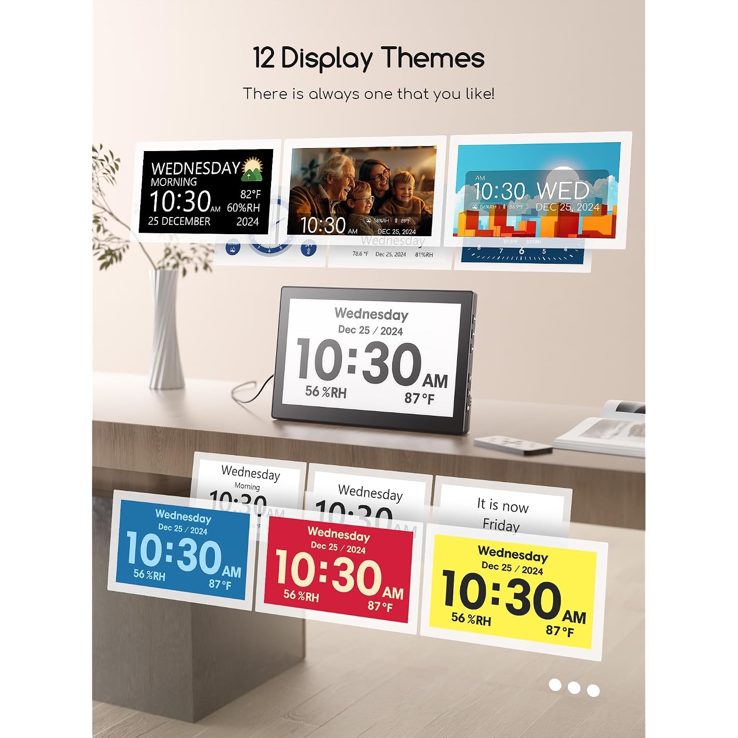 Digital Clock, 10.1 Inch Large Display Calendar Clock With 12 Themes, 20 Alarms, 20 Reminders, Auto Dimming, 12/24 Hours, Indoor Temperature, Humidity For Seniors, Desk (Black)