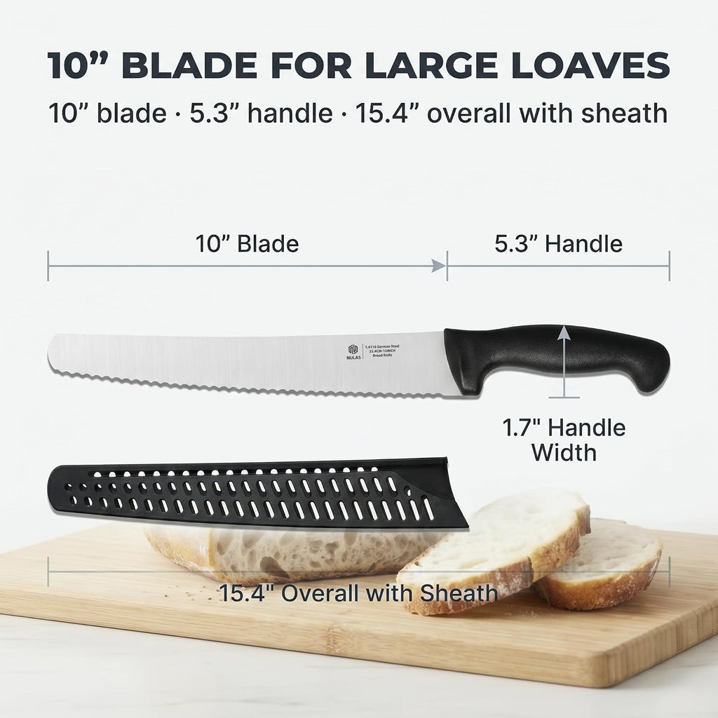 10-Inch Serrated Bread Knife With Sheath For Sourdough, German Steel | 1.4116 Stainless Steel Blade For Homemade And Artisan Loaves With Cover, Black