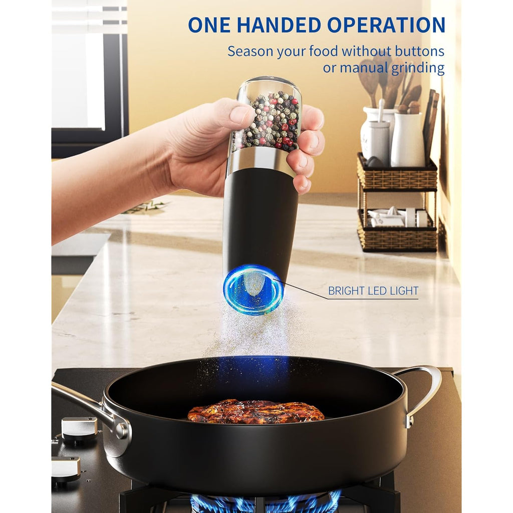 Circle Joy Gravity Electric Salt And Pepper Grinder Set Automatic Salt And Pepper Grinder Set With Led Light, Battery Operated, Adjustable Coarseness, Large Capacity, For Home Kitchen Bbq, Black
