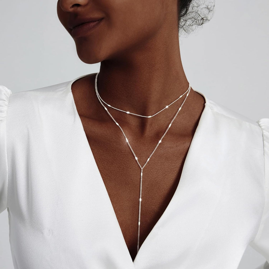 Luxval Lariat Silver Necklace for Women, Dainty Long Necklace Silver Y-Shaped Pendant Necklaces Trendy Beaded Chain Drop Necklaces Jewelry for Women Gifts