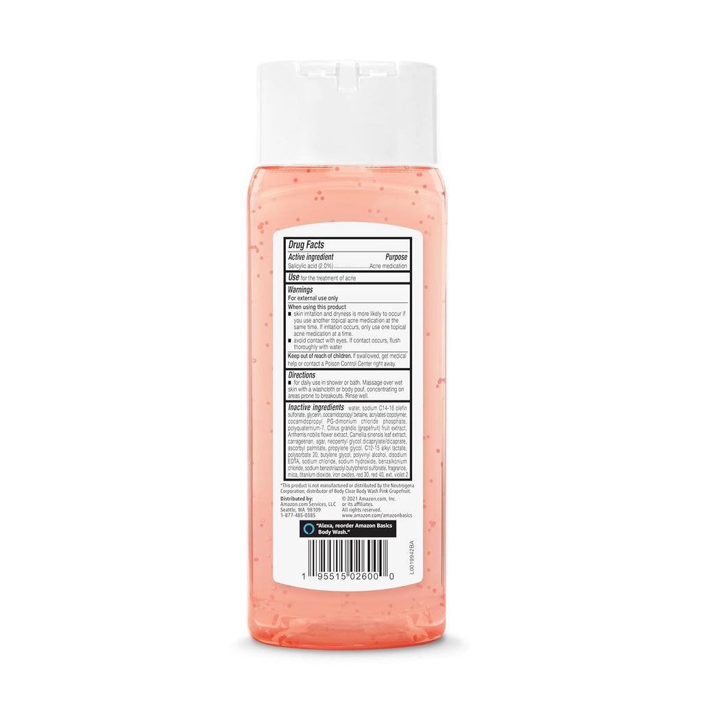 Amazon Basics Clarifying Pink Grapefruit Body Wash, 2% Salicylic Acid Acne Treatment, Dermatologist Tested, 8.5 Fluid Ounces, Pack Of 1