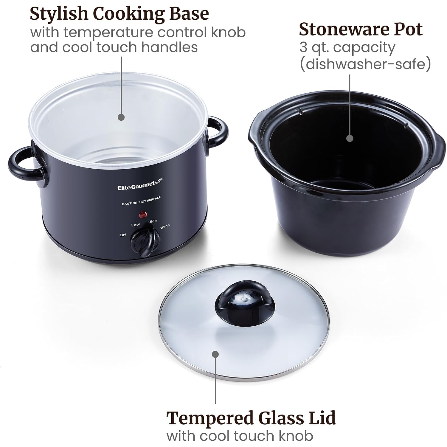 Elite Gourmet Mst-350B Electric Slow Cooker, Adjustable Temp, Entrees, Sauces, Stews & Dips, Dishwasher Safe Glass Lid & Crock (3 Quart, Black)