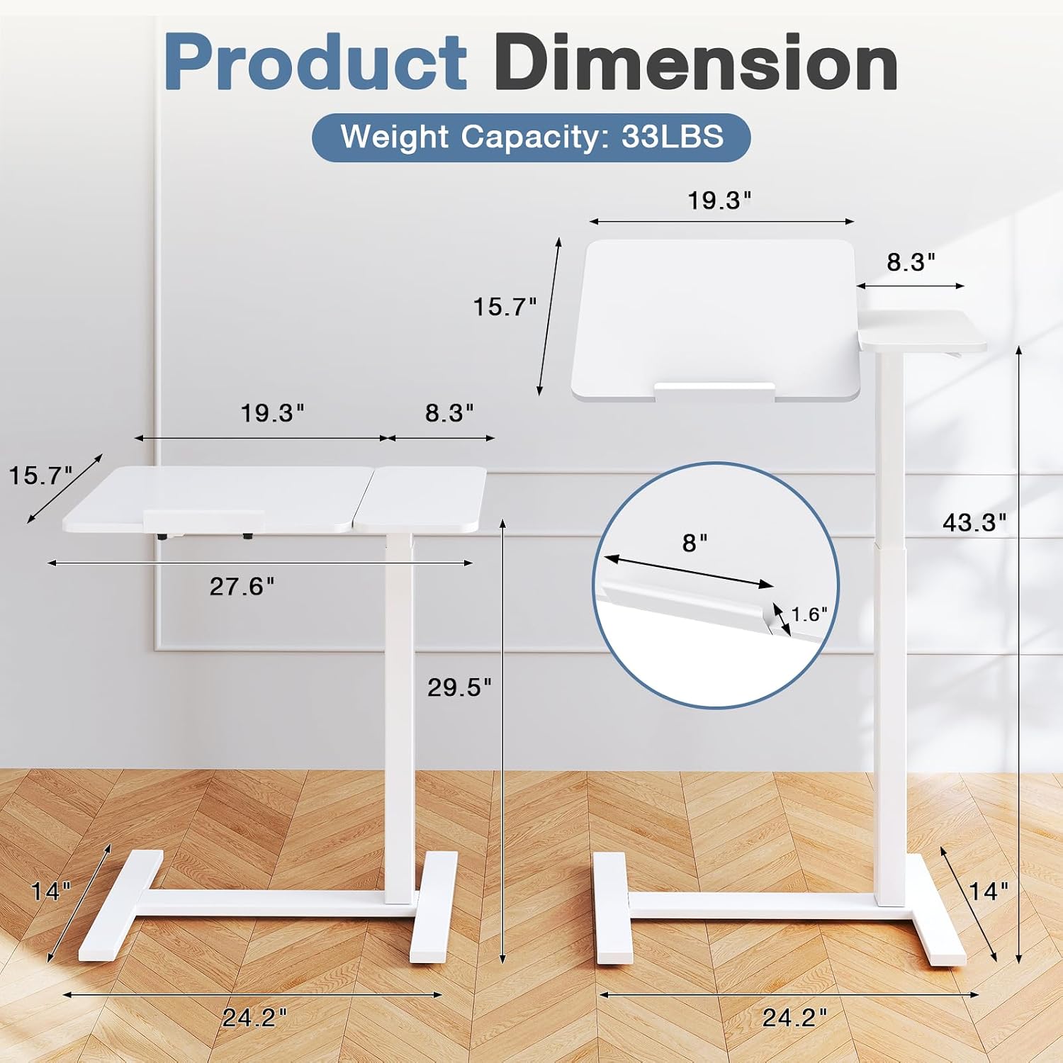 Dumos Adjustable Bedside Overbed Table With Wheels, White | Laptop Standing Desk With Tilting Top Height, Mobile Rolling Computer Cart For Hospital Home Bedroom Use
