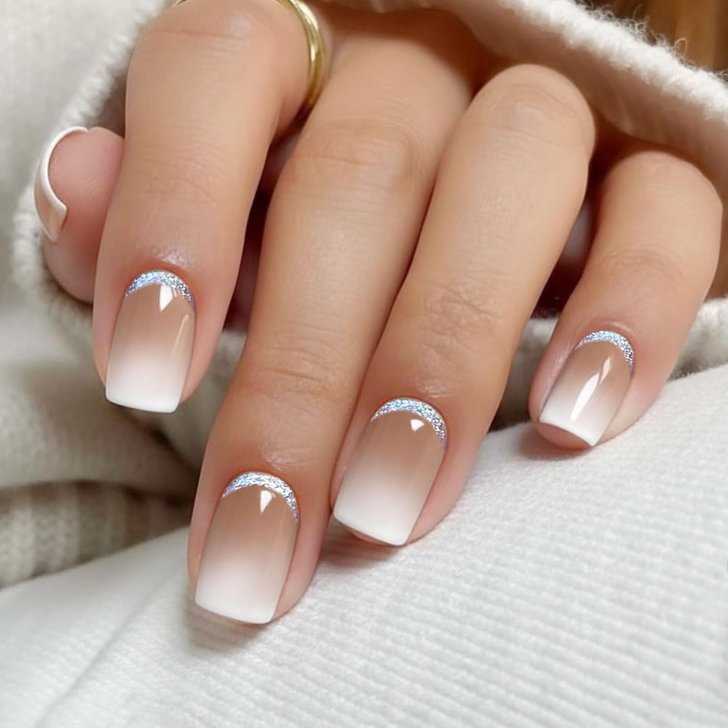 JMEOWIO Semi Cured Gel Nail Strips Glitter White Solid Color Gel Nail Stickers Nails Art Design Decoration Accessories