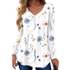 Womens Long Sleeve Tops V-Neck Loose Fit Shirts Pleated Print T-Shirts Dressy Casual 2026 Tunics