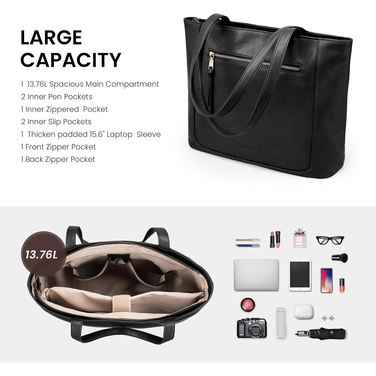 Befen Genuine Leather Tote Bag For Women, Large Work Tote Bag With Zipper Leather Purse And Handbags With 15.6" Compartment