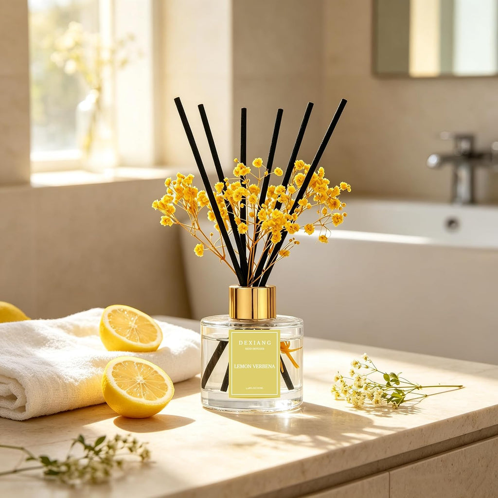Reed Diffuser Set,3.38 Fl Oz (100 Ml) - Lemon Verbena Oil Diffusers With 6 Reed Sticks For Bathroom Shelf Decor