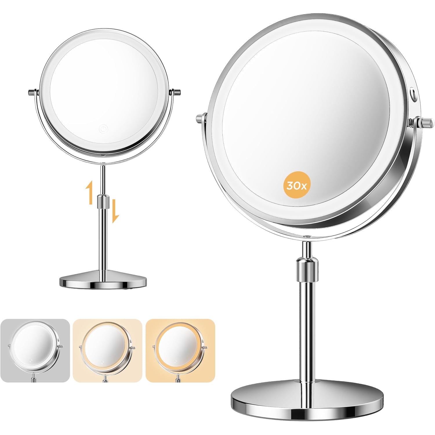 Makeup Mirror, 1X/30X Double Sided Magnifying Mirror With 3 Colors, 3200 Mah Rechargeable Vanity Mirror With 360° Rotation, Brightness Adjustable Light Up Mirror, Women Gift (Gray)
