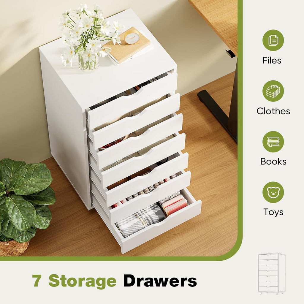 Sweetcrispy 7 Drawer Rolling Storage Cabinet With Wheels, Wood Organizer | Fits Under Desk Dresser Chest For Home Office, Bedroom, Small Place, Living Room White