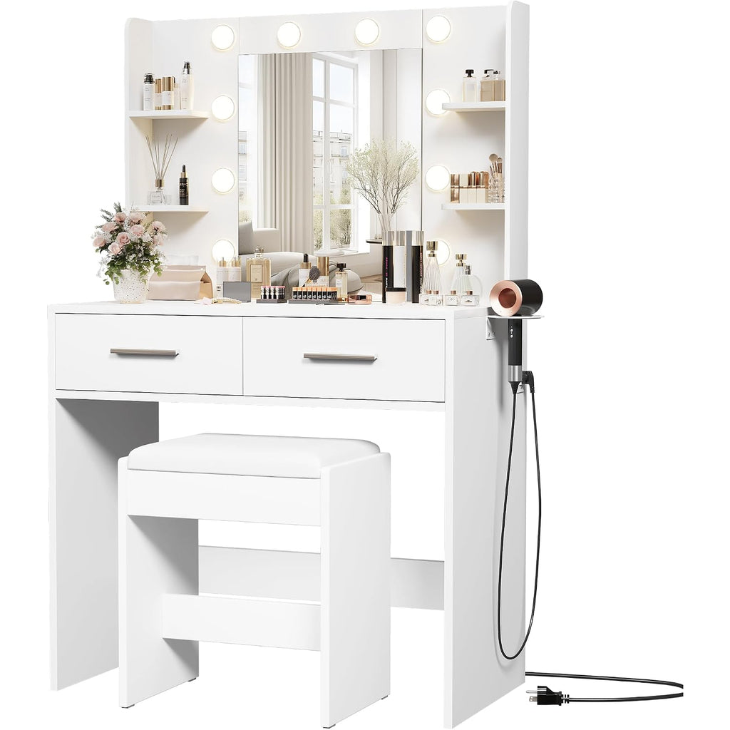 Furmax Make Up Vanity Desk With Mirror And Power Outlet, Vanity With 3 Color Light Options Adjustable Brightness, Vanity Desk With 2 Drawers, 6 Storage Shelves (White, With Bench)