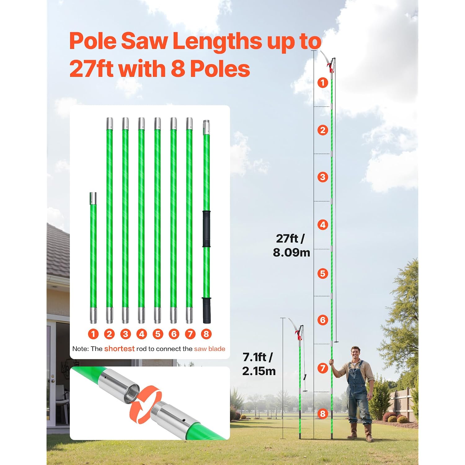 Vevor Manual Pole Saw, 3.87-27 Ft Extendable Pole Tree Pruner With Scissors, Sharp 65Mn Steel Blade, Lightweight Fiberglass Handle Pole, For High Branch Trimming, Pruning Tool For Palms And Shrubs