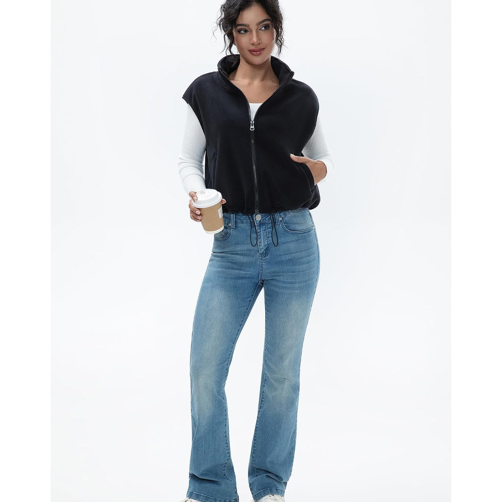 Women'S Full Zip Fleece Short Vest Warm Winter Sleeveless Stand Collar Sherpa Crop Coat