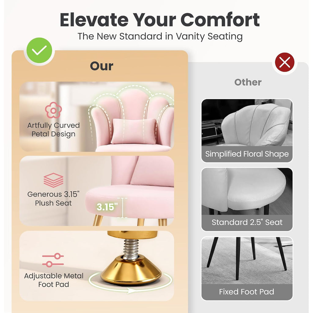 Petal Makeup Vanity Chair With Back, Flower Chair Comfy No Wheels For Girls Women, Makeup Chair With Golden Metal Legs & Lumbar Pillow For Living Room/Makeup Room/Bedroom/Home Office - Pink