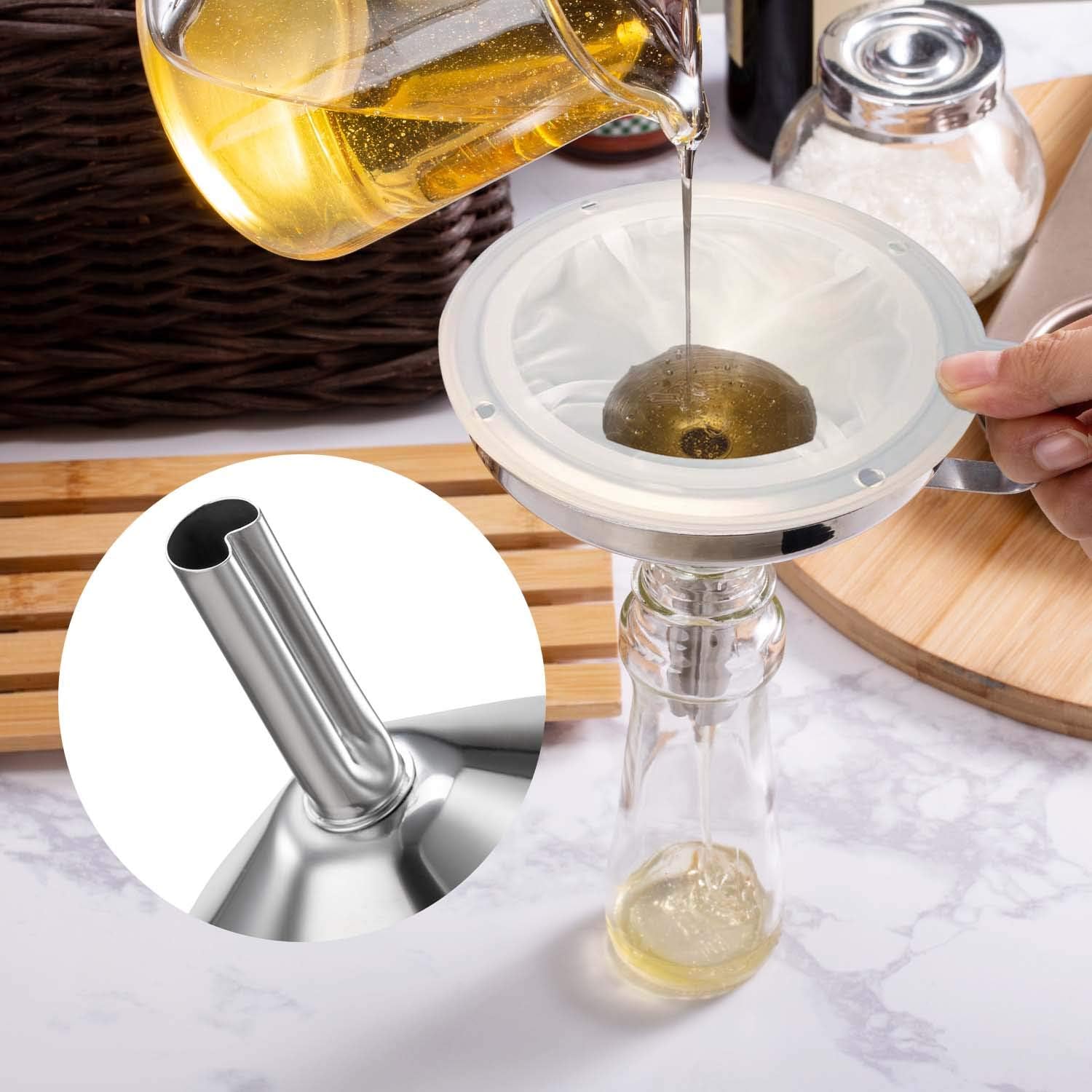 Kalave Premium Stainless Steel Funnel, 5 Inch Food Grade Kitchen Funnels With 200 Mesh Food Filter Strainer For Filling Bottles, Oils, Juice, Wine, Coffee, Milk