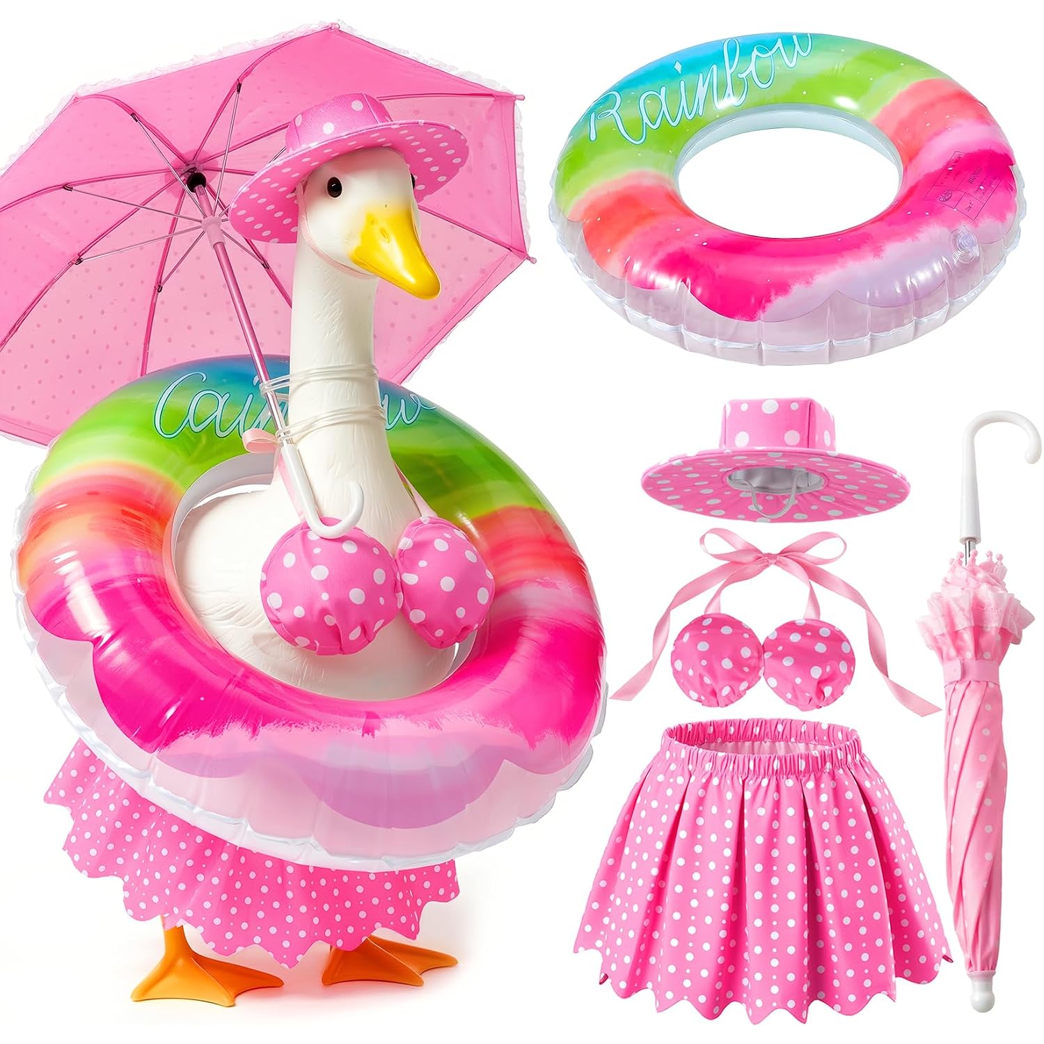 Mastom Porch Goose Outfits Fits 23" Statue Summer Outfits With Hat Swim Ring And Parasol Hawaiian Porch Goose Clothes Costume For Outdoor Patio Yard Decor