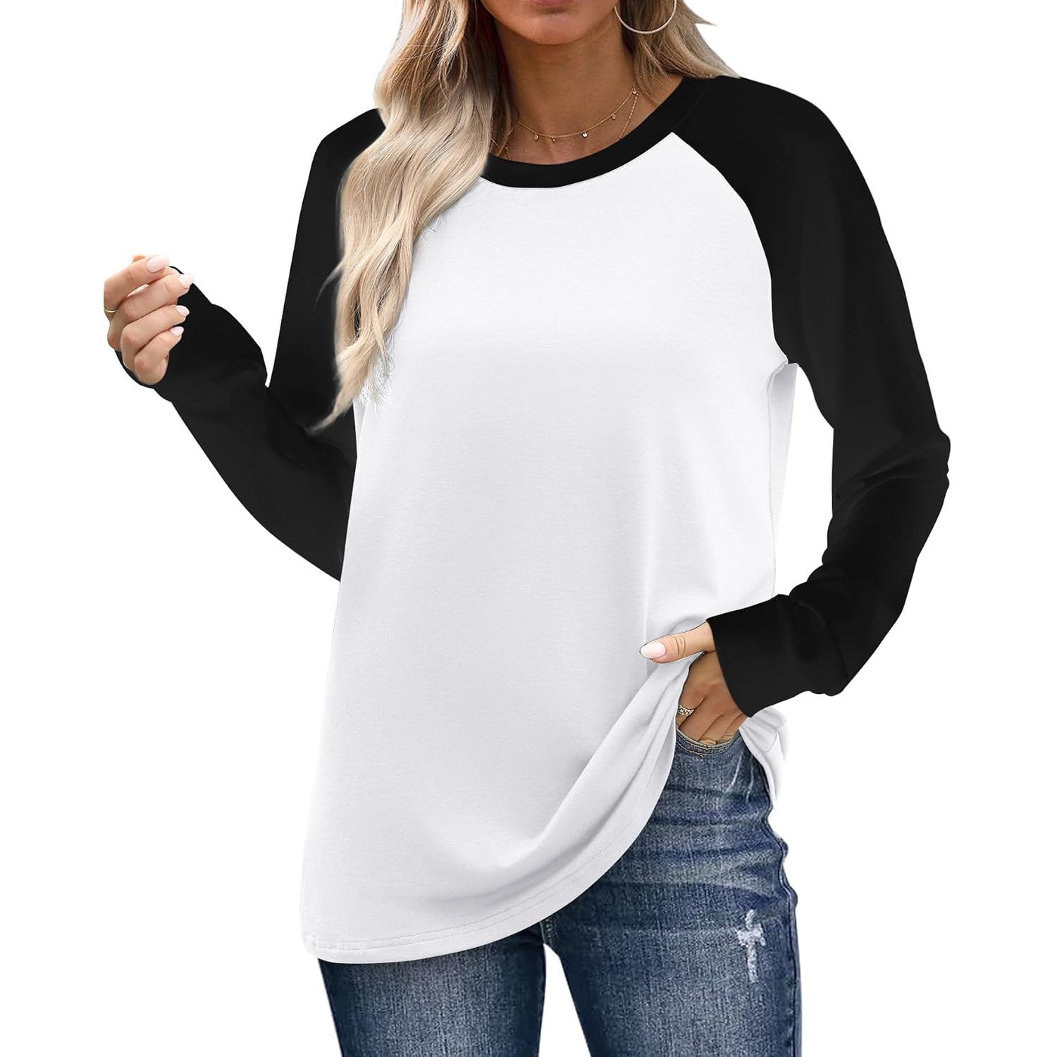Wiholl Long Sleeve Shirts For Women Color Block Raglan Tops Casual Crewneck Basic Tees Fall Clothes 2026 Fashion
