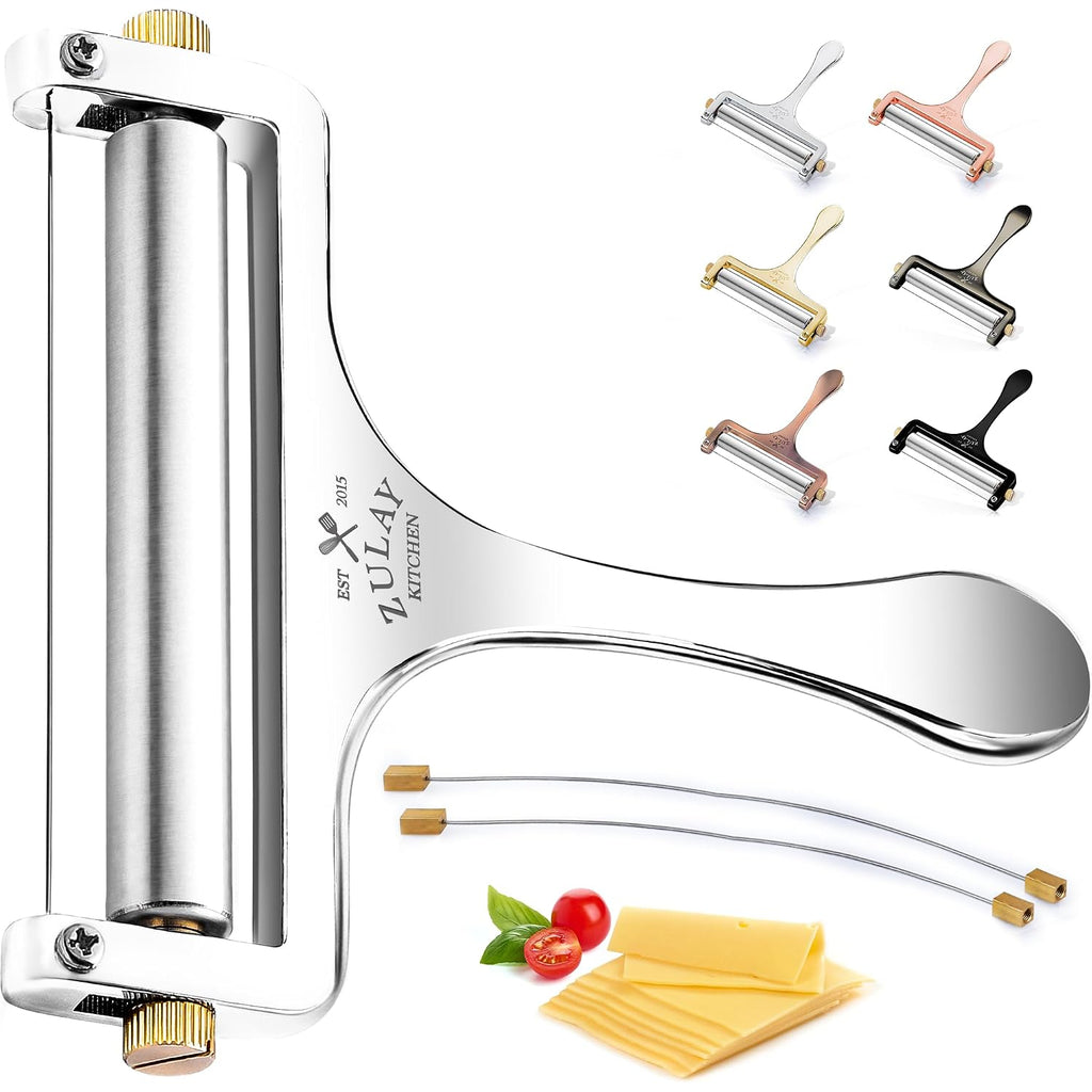 Zulay Kitchen Stainless Steel Wire Cheese Slicer - Adjustable Hand Held Cheese Cutter With 2 Extra Wires - Premium Cheese Knife For Mozzarella, Cheddar, Gruyere - Cheese Cutter With Wire (Silver)