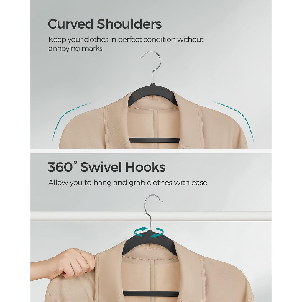 Songmics Velvet Hangers 50 Pack, Non-Slip Clothes Hangers, With Shoulder Notches, Pants Bar, 360° Swivel Hook, Space-Saving, For Closet, Ink Black Ucrf029B05