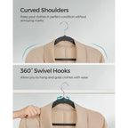 Songmics Velvet Hangers 50 Pack, Non-Slip Clothes Hangers, With Shoulder Notches, Pants Bar, 360° Swivel Hook, Space-Saving, For Closet, Ink Black Ucrf029B05
