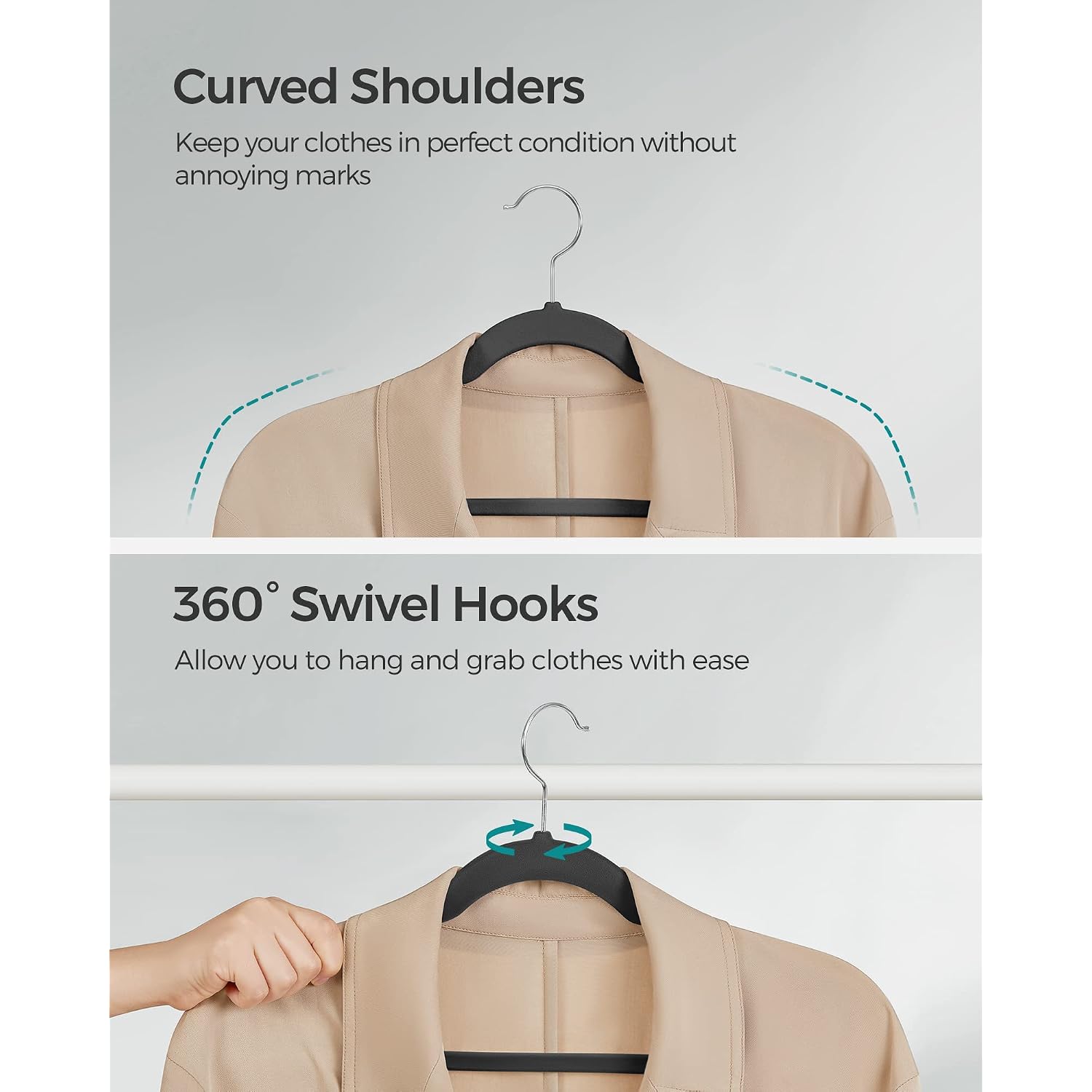 Songmics Velvet Hangers 50 Pack, Non-Slip Clothes Hangers, With Shoulder Notches, Pants Bar, 360° Swivel Hook, Space-Saving, For Closet, Ink Black Ucrf029B05