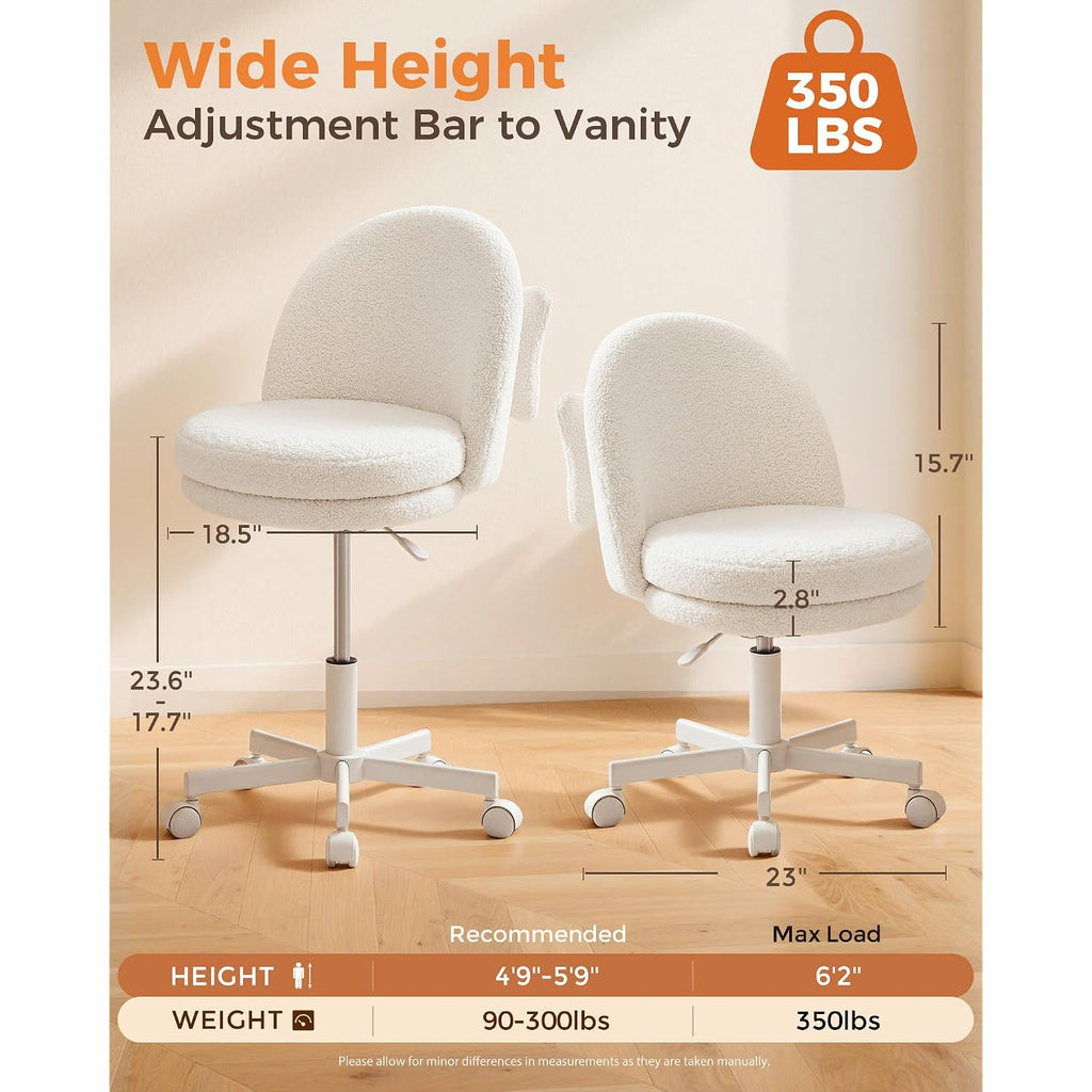 Gtplayer Velvet Tall Office Chair With Wheels Vanity Chairs With Back, Versatile Height Use: Office To Bar Stools Small Ergonomic Comfy Armlees Computer Desk Chair With Bow Lumbar Pillow For Gift