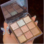 9 Colors Glitter Shimmer Eyeshadow Makeup Palette, Korean Sparkle Neutral Eye Shadow Palettes Highly Pigmented Long Lasting Waterproof Blendable Sombras Para Ojos Pink White Golden Brown Eye Glitter