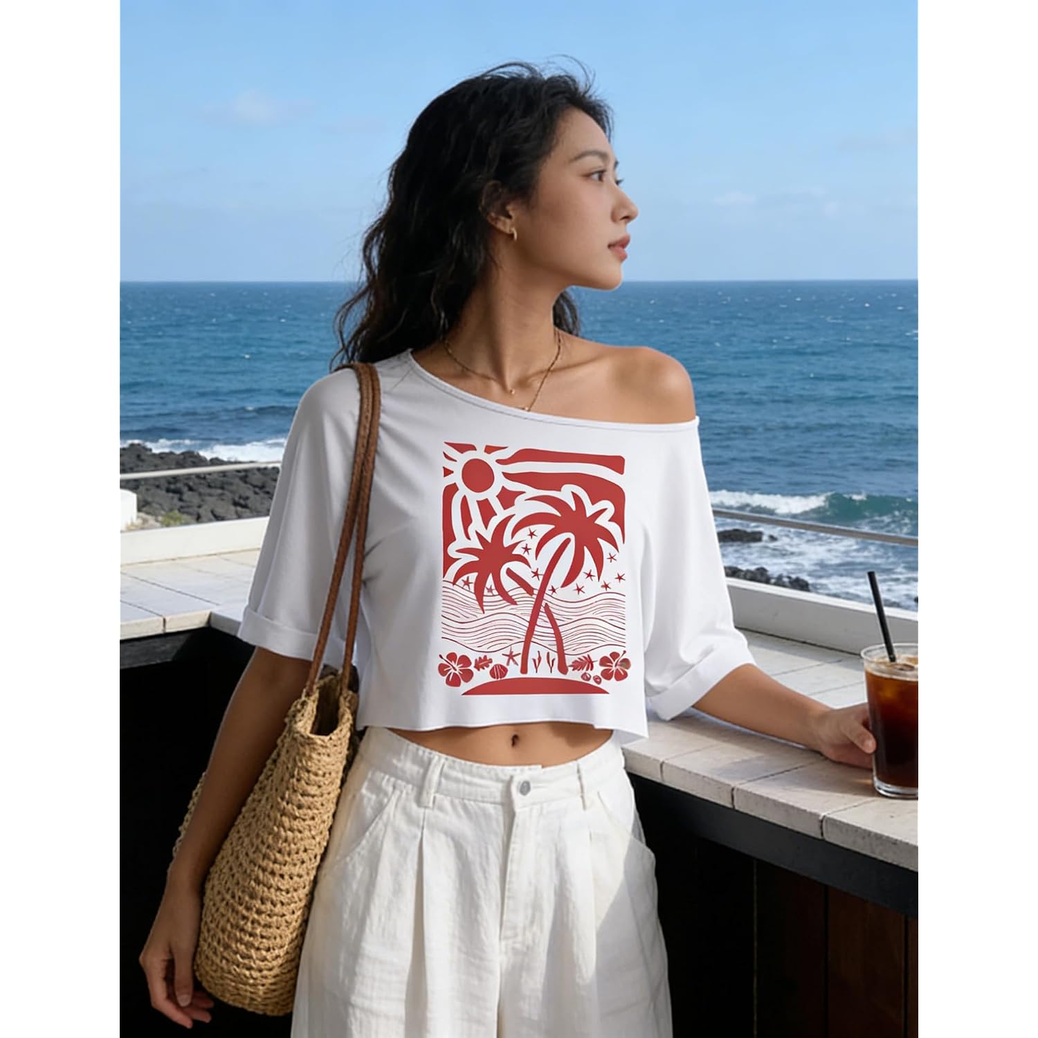 Kistore Off The Shoulder Tops for Women Going Out Short Sleeve Crop Top Boat Neck Loose T Shirt B Coconut Tree Print