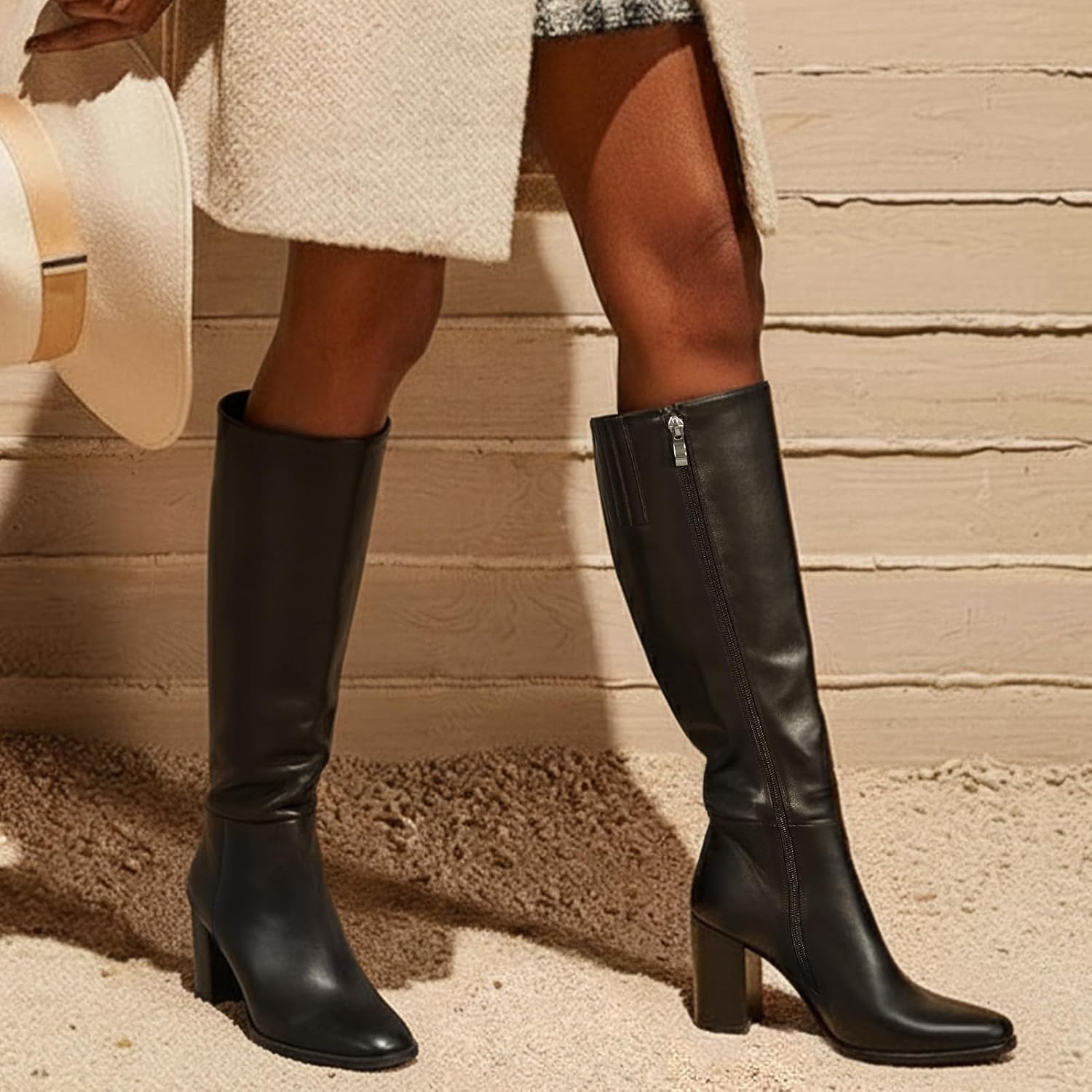Women Knee High Boots Round Toe Chunky Heel Boots Gogo Boots With Side Zip Fashion Tall Boots For Women