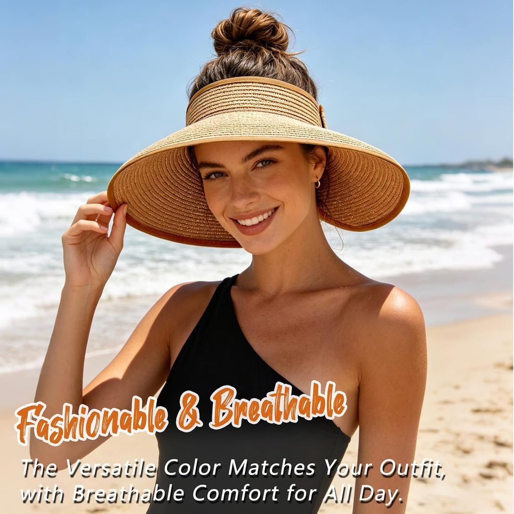 Sun Hats Visor for Women, UV UPF Straw Beach Hat Foldable Wide Brim Ponytail Summer Hats Packable Travel