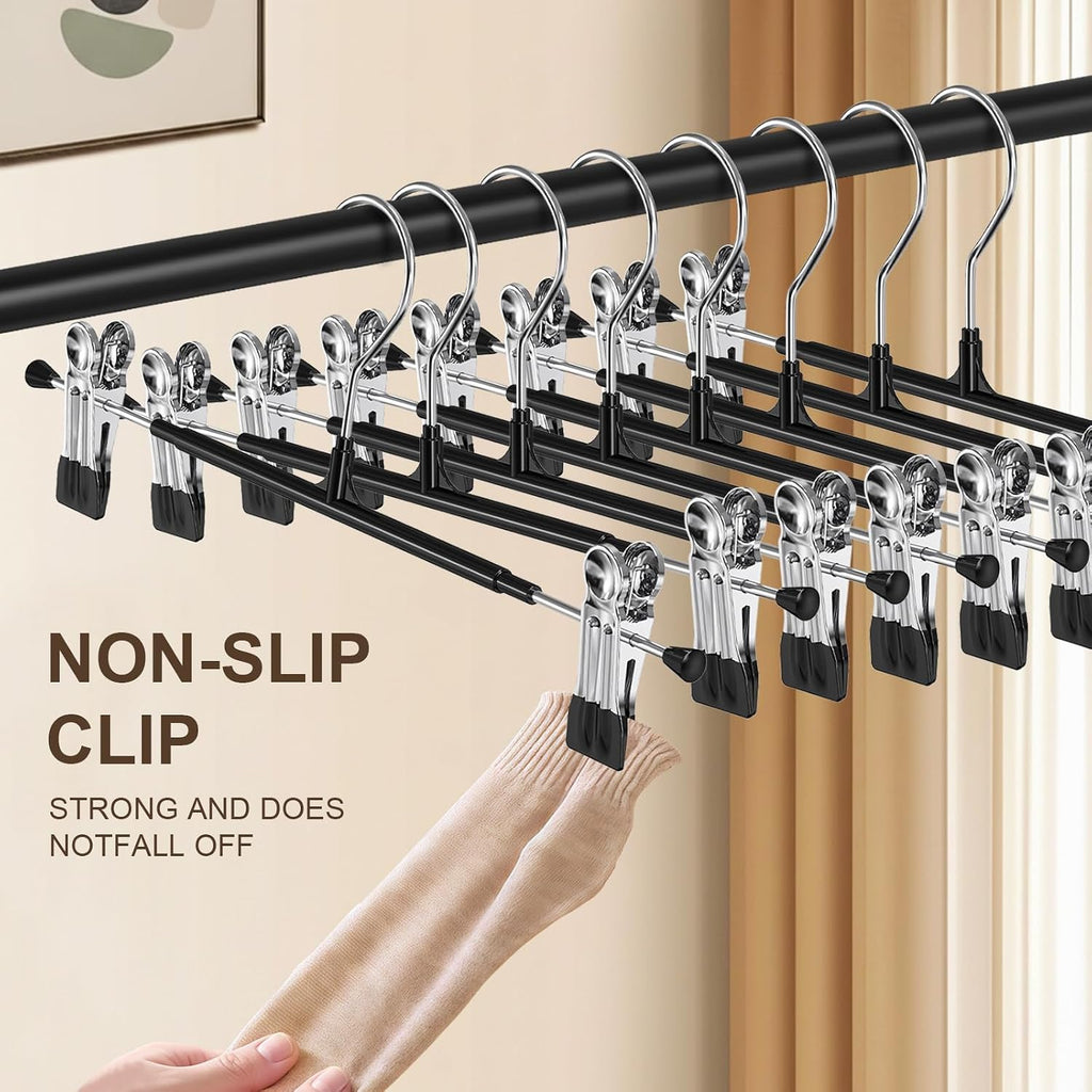 Pozean Pants Hangers With Clips For Women 30 Pack, 12Inch Adjustable Heavy Duty Skirt Hangers, Space Saving Non-Slip Shorts Jeans Trousers Clothes Hangers, Black