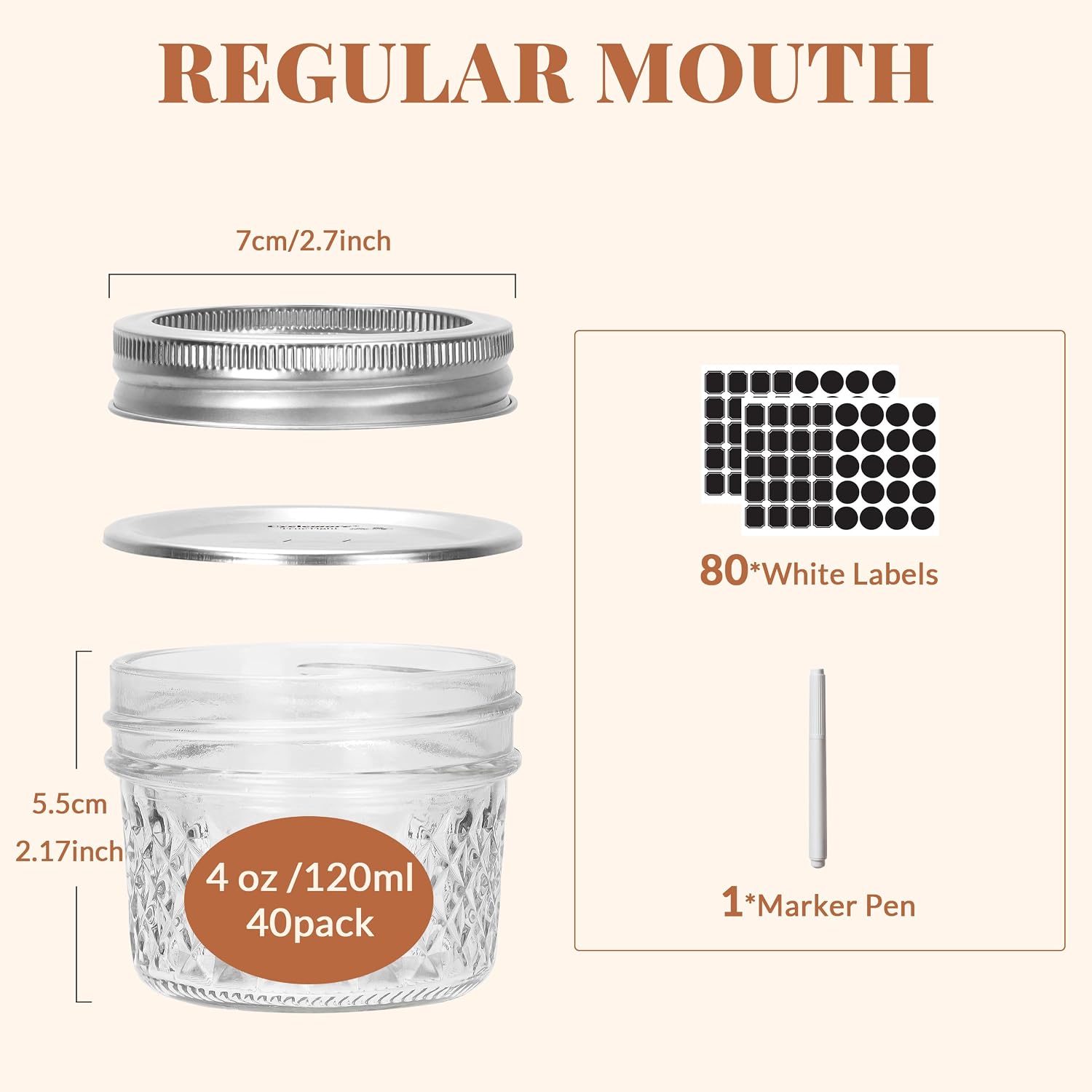 Cyclemore 40 Pcs 4Oz Clear Glass Mini Mason Jars With Silver Separable Lids And Diamond Appearance, Small Spice Canning Jars For Honey, Jam, Jelly, Wedding Favors, Kitchen Food Storage
