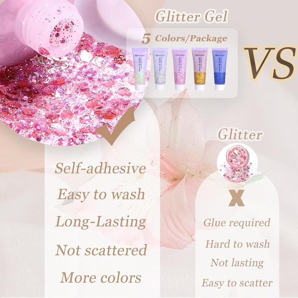 Face Body Glitter, Hair Glitter Sparkles Chunky Face Glitter Gel For Girls Makeup Singer Concerts Mermaid Festival Sequins Face Paint (White+Silver+Pink+Gold+Blue)