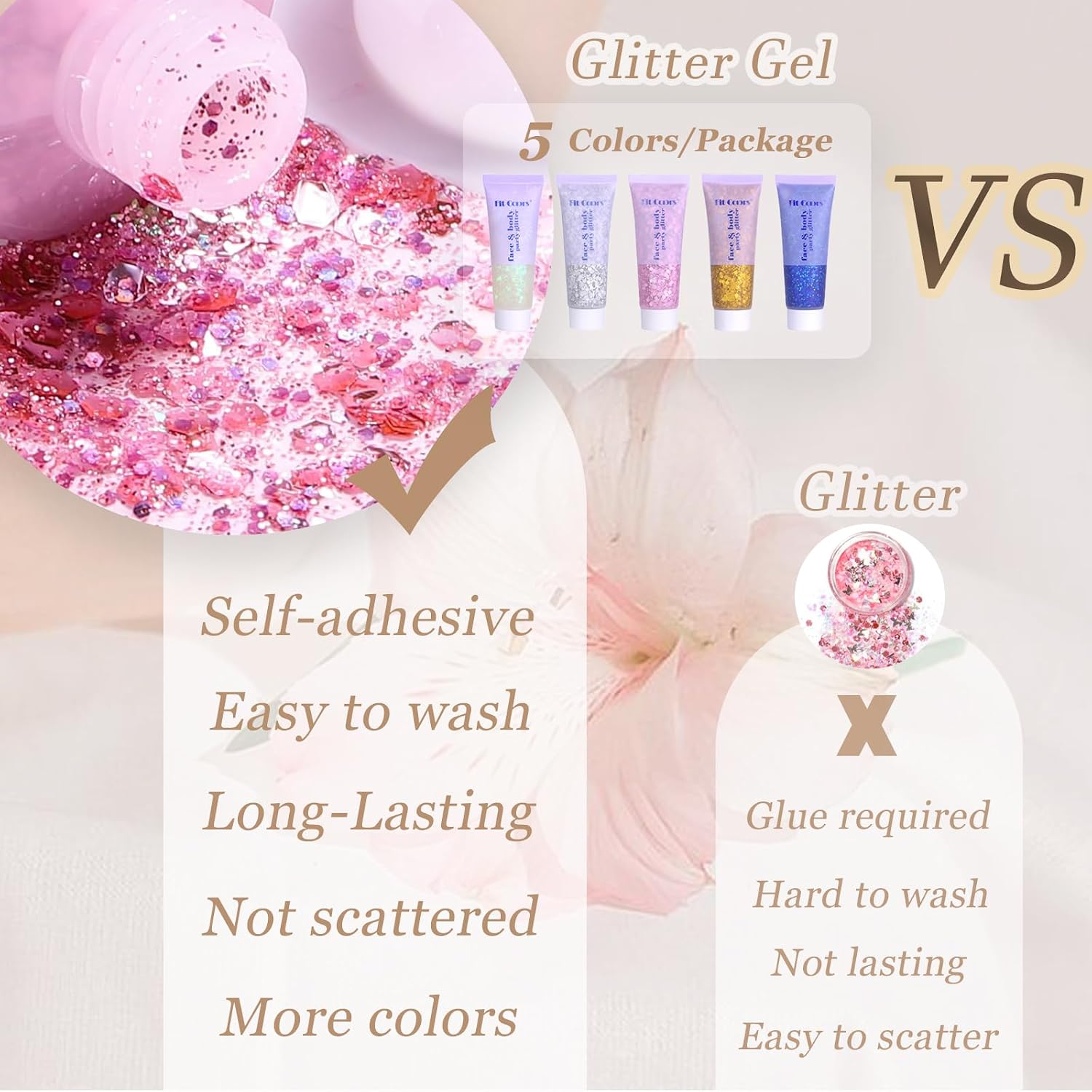 Face Body Glitter, Hair Glitter Sparkles Chunky Face Glitter Gel For Girls Makeup Singer Concerts Mermaid Festival Sequins Face Paint (White+Silver+Pink+Gold+Blue)