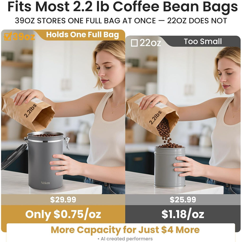 Veken Coffee Canister, 39Oz Large,Airtight Stainless Steel Food Storage Container For 2.2Lbs Beans,Ground,Sugar,Espresso,Rice,Tea,Flour,Cereal,Cookie,Lids,Jars,Gifts,Scoop,Kitchen Bar Accessories,Gray