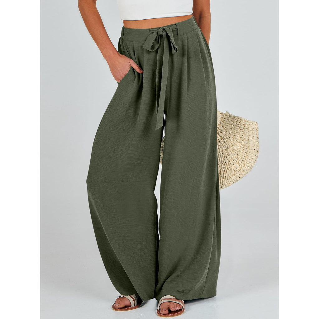 Wide Leg Palazzo Pants for Women Summer High Waist Flowy Loose Casual Lounge Trousers Beach Travel Vacation Clothes