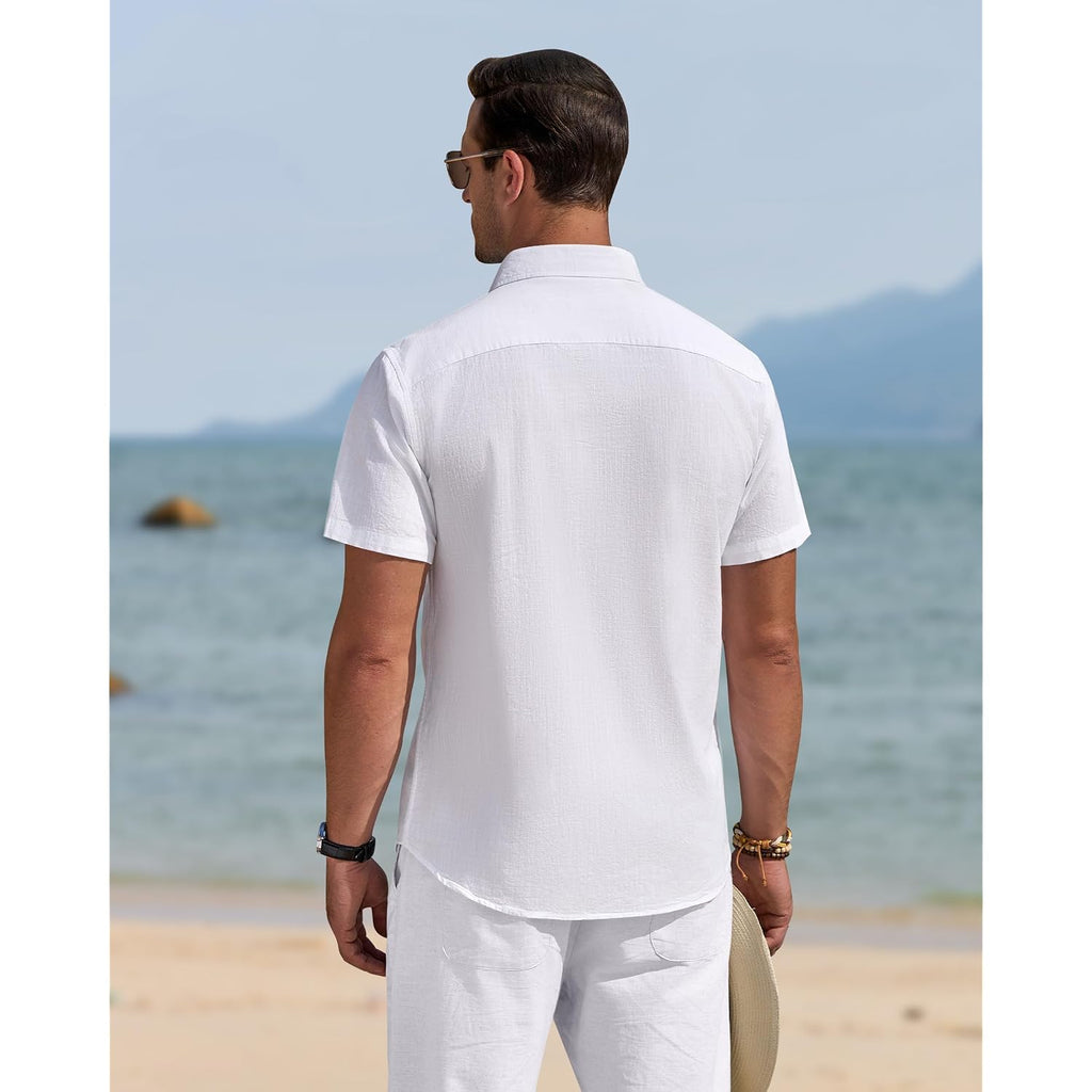 J.Ver Mens Linen Shirt Short Sleeve Button Down Casual Summer Shirts | Cotton Linen, Untucked, Big Tall, From Beach Camp Vacation, Cruise Fishing, Work Office, To Wedding Party Family, With Pocket