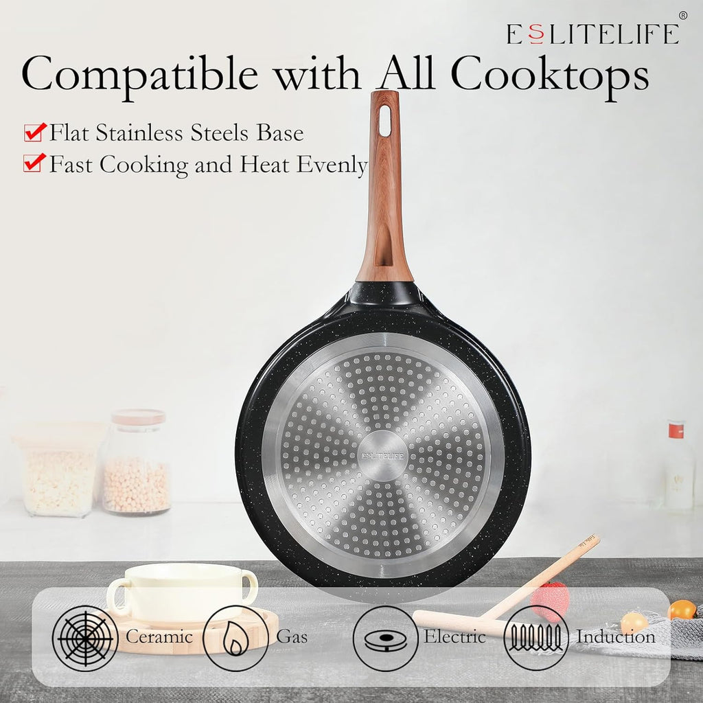 ESLITE LIFE 11 Inch Crepe Pan with Spreader, Nonstick Granite Coating Dosa Pan, Roti Tawa Comal Para Tortillas Pancake Griddle Pan, Induction Compatible, PTFE & PFOA Free, Black