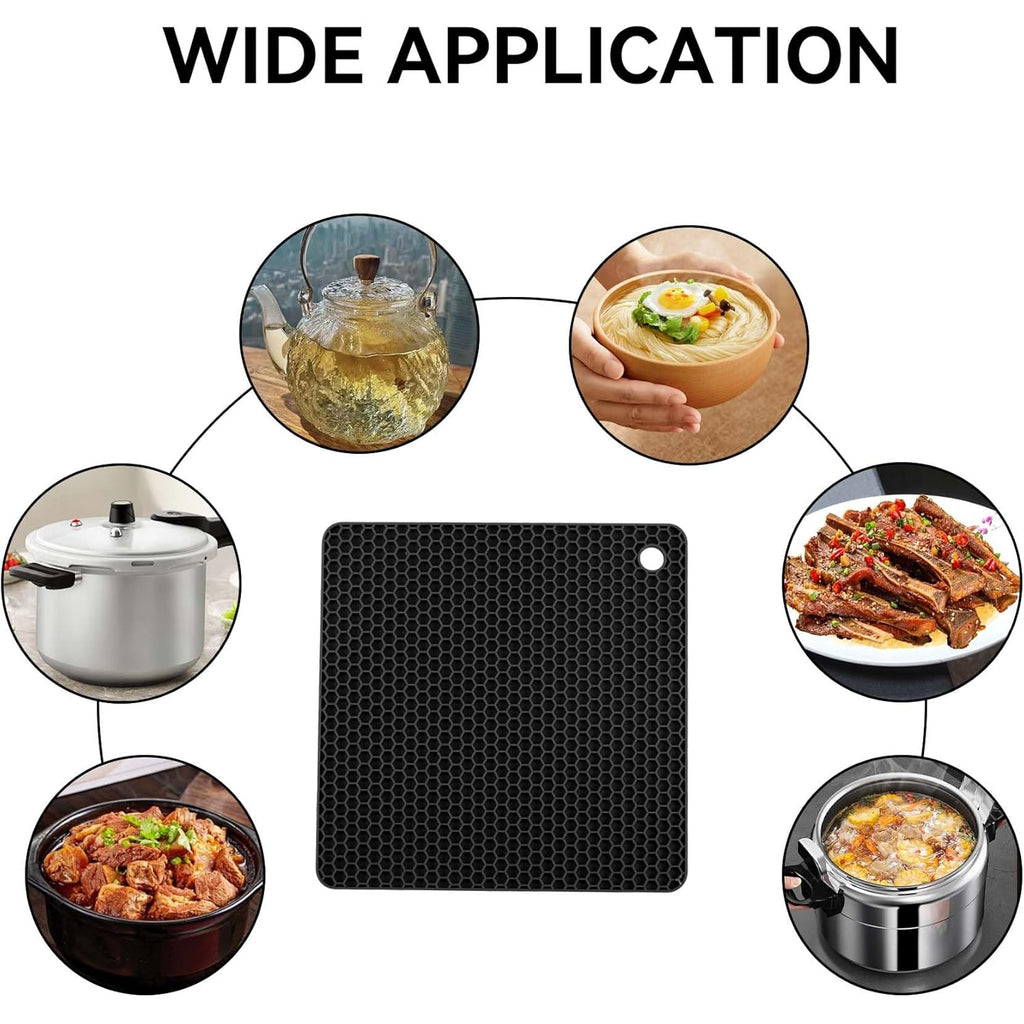 Silicone Trivet Mats,Heat Resistant Pot Holders, Multipurpose Non-Slip Hot Pads for Kitchen Potholders, Hot Dishers, Jar Opener, Spoon Holder, Food Grade Silicone(Black Size Square 7.1''x7.1'')