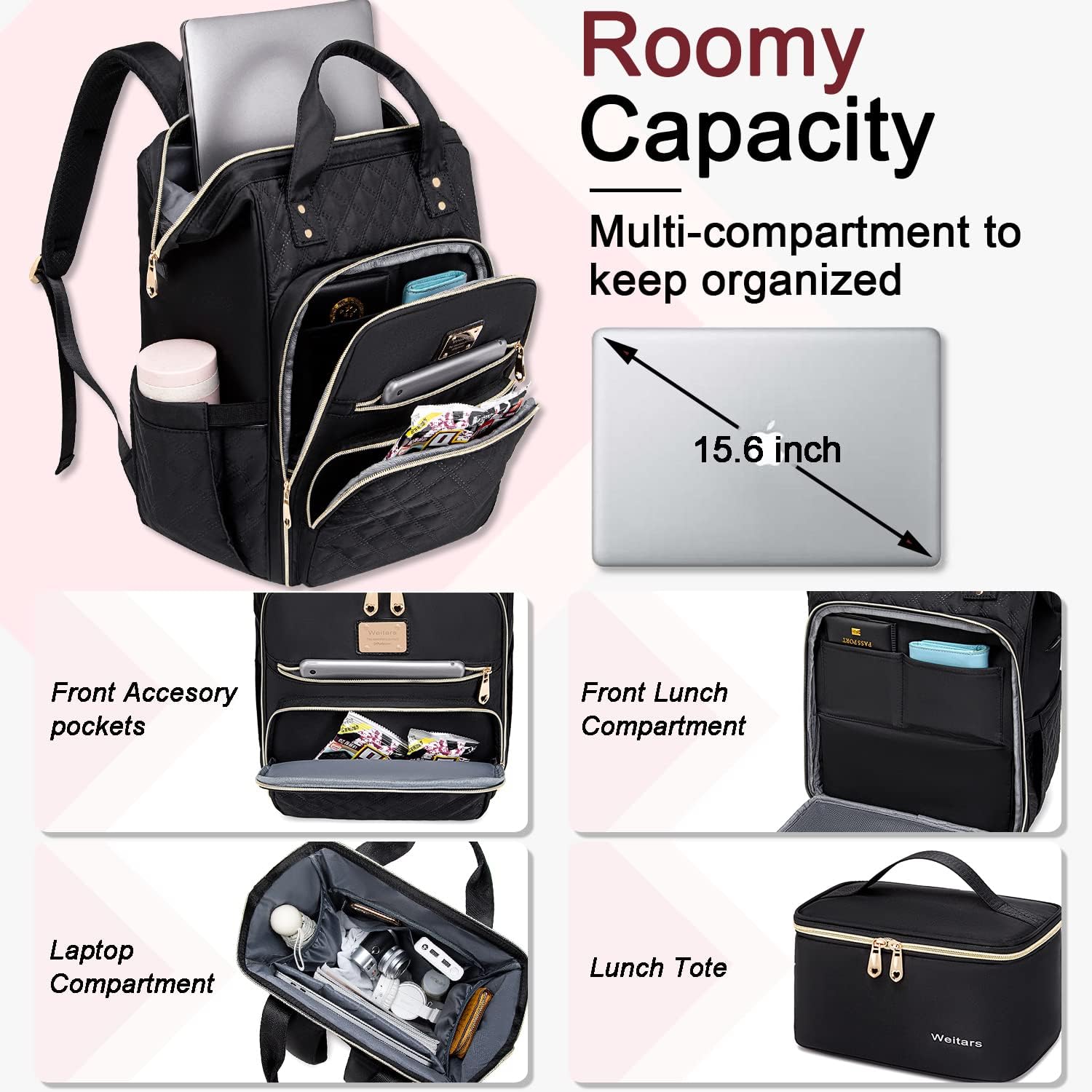 Lunch Backpack For Women,15.6 Inch Laptop Backpacks For Womens Back Pack, Travel Backpacks,Work Backpack For Women (Black)